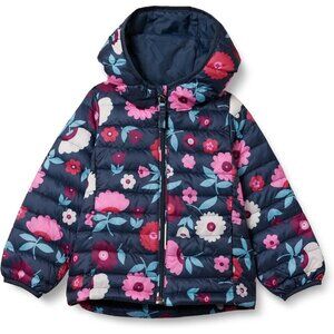 Girls Navy Floral Lightweight Water Resistant Hooded Puffer Jacket Winter Coat